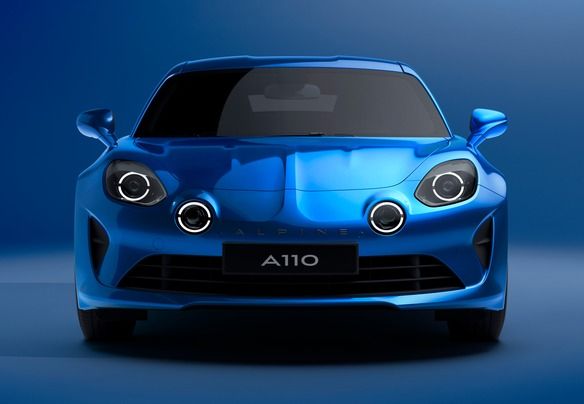 A110 bleue vue de face, fond bleu
