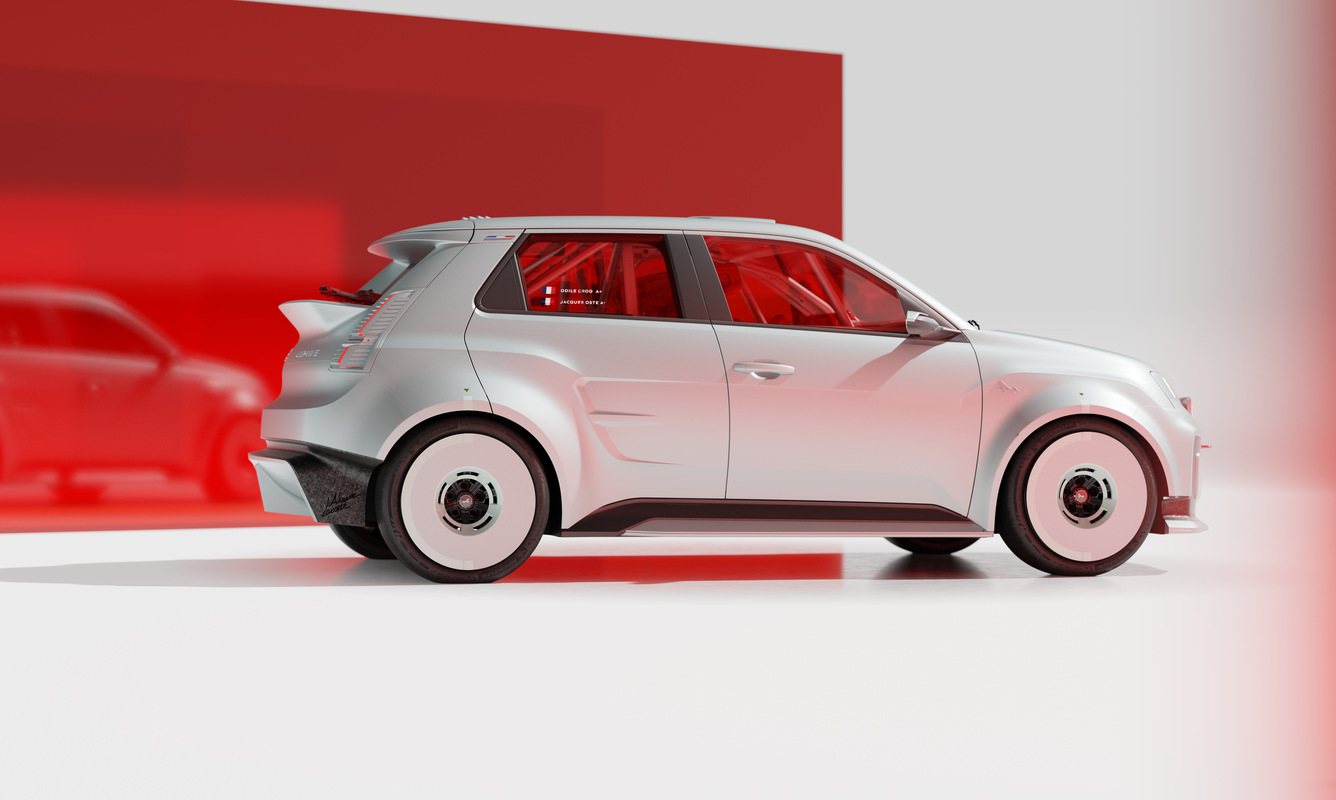 Alpine × Lacoste : la même voiture de profil devant un mur rouge translucide