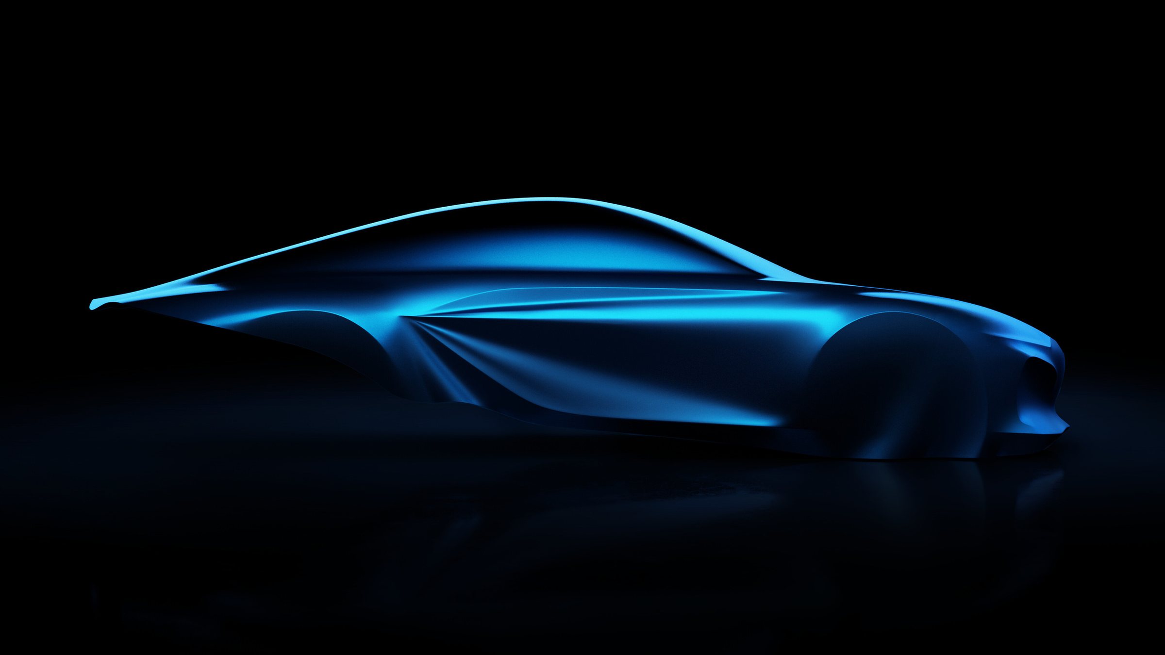 Sculpture de la future A110 de profil, éclairée en bleu dans le noir