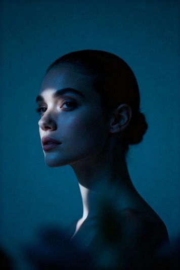 Femme de trois quarts, chignon, fond bleu pétrole
