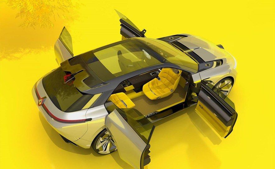 Renault Morphoz vu de dessus, portes ouvertes, fond jaune