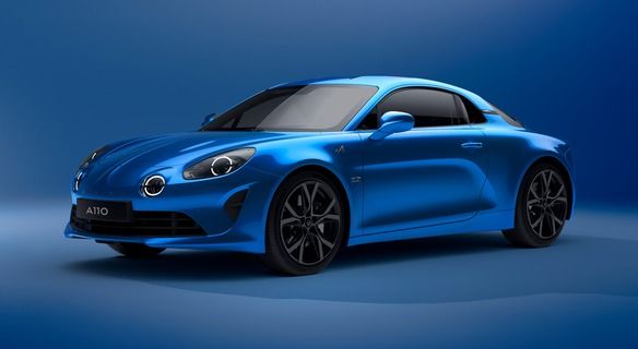 A110 bleue, trois quarts avant, fond bleu