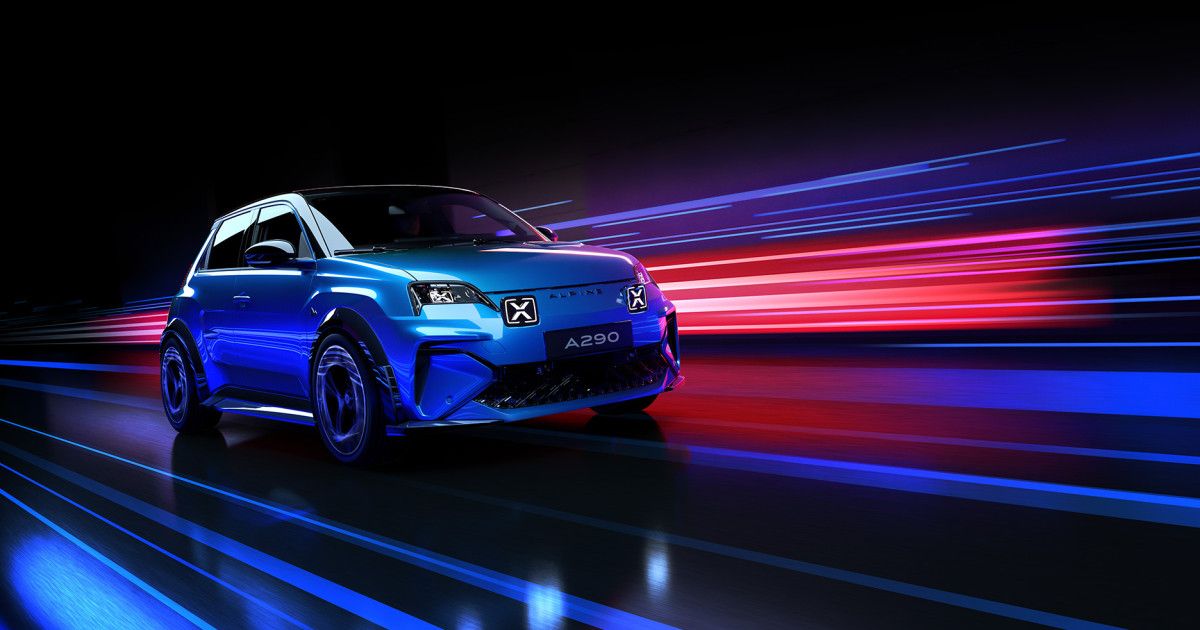 A290 bleue, trois quarts avant, traînées de lumière bleues et rouges sur fond noir