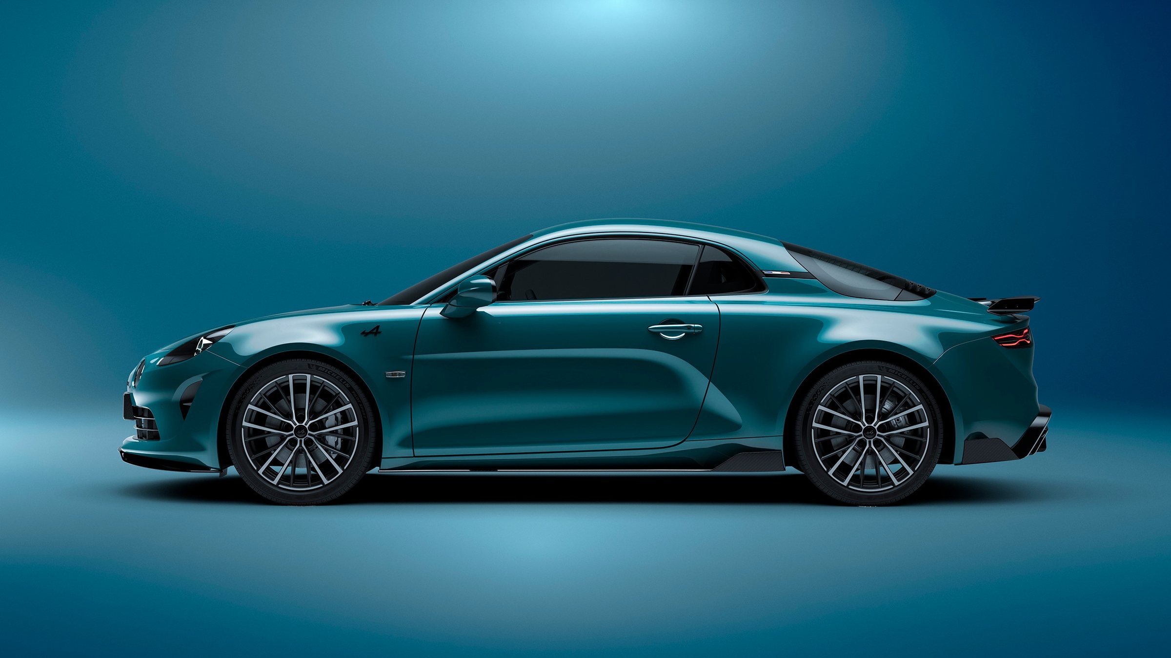 A110 GTS Bleu Paon de profil, côté conducteur