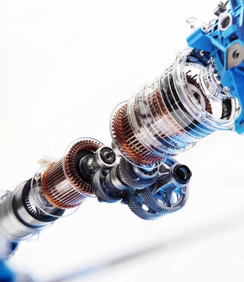 Moteur électrique de la plateforme APP en vue éclatée : bobinages cuivre, carters transparents et engrenages sur fond blanc
