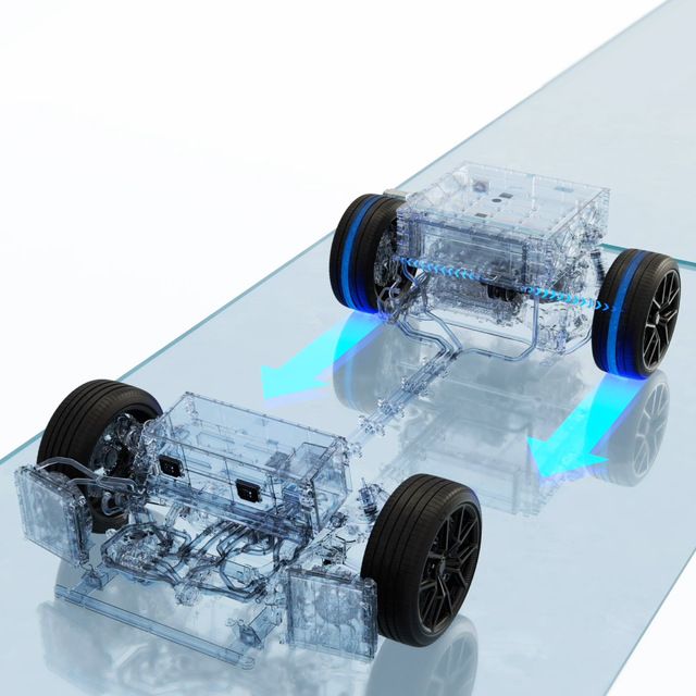 Plateforme APP en transparence sur un sol de verre, flèches bleues aux roues