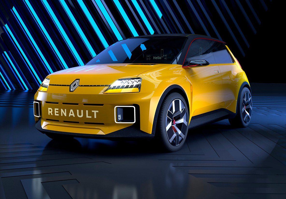 Renault 5 Prototype, trois quarts avant, néons bleus